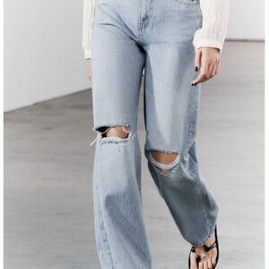 ZARA ZW COLLECTION HIGH WAIST WIDE LEG RIPPED JEANS